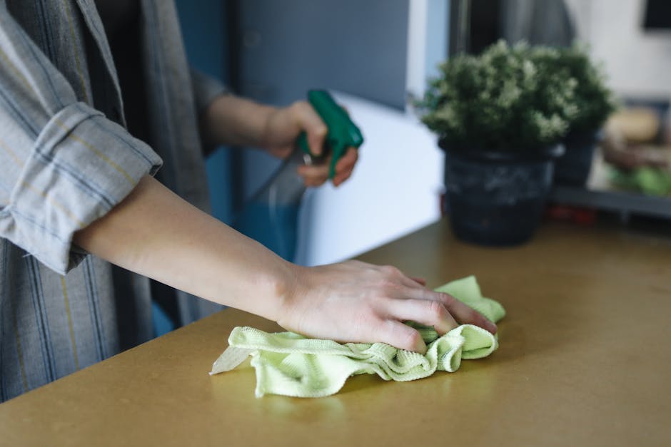 A person wearing a long-sleeved, plaid shirt is engaged in surface cleaning on a wooden table using a yellow cloth, with a spray bottle held in their other hand. The table appears to be smooth and polished, reflecting light from a nearby window. In the background, there are potted plants, one featuring vibrant green foliage in a black container, and other household objects indicating a domestic indoor setting. The lighting is natural, enhancing the cleanliness and shine of the surfaces, aligning with the focus on domestic cleaning and hygiene, as promoted by Harringay Cleaners on their website about cleaning tips near Finsbury Park.